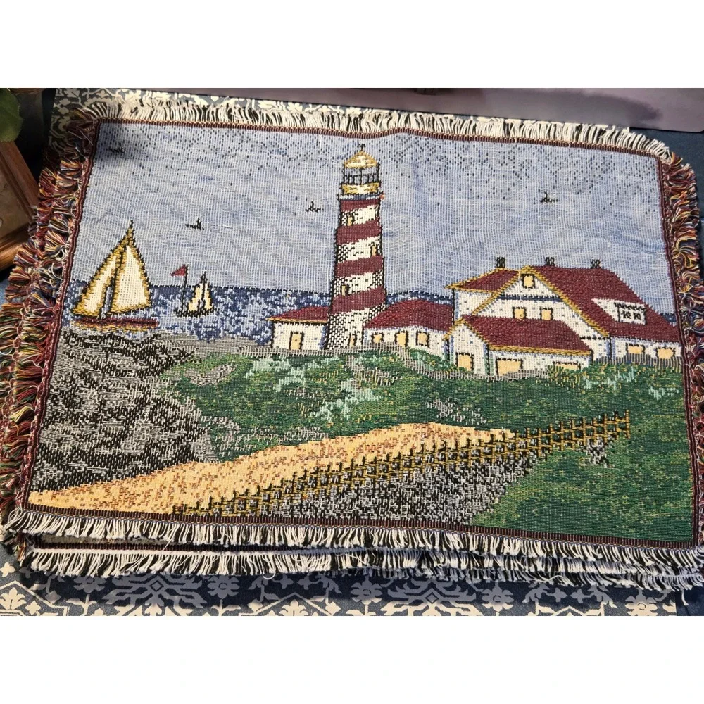 😎Vintage Nautical Woven Tapestry Placemats Set of 6 Lighthouse Sailboat Coastal